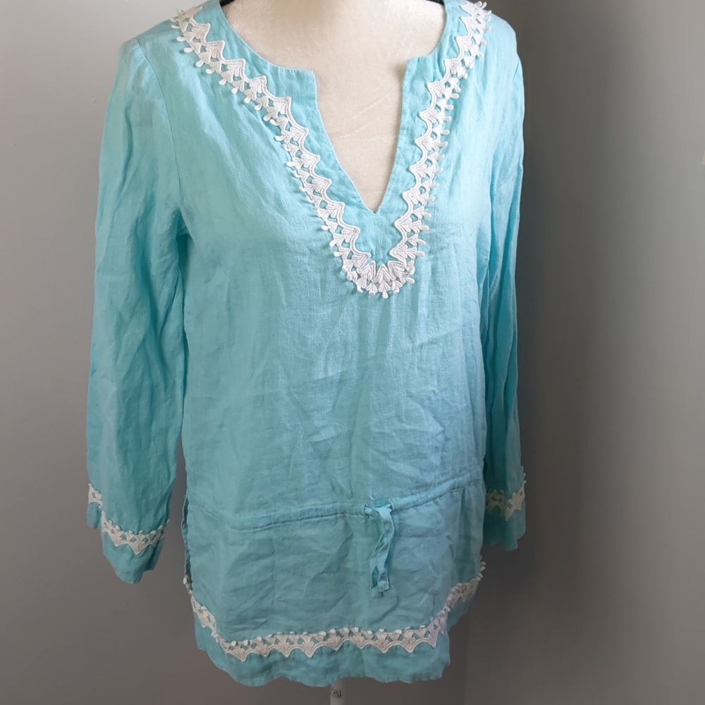 LILLY PULITZER Crotchet Turquoise Linen Top / Small
